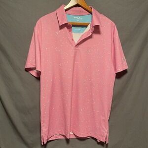 Bad Birdie Polo Shirt Mens Medium Pink With  Paint Splatter All Over Print Sz. M